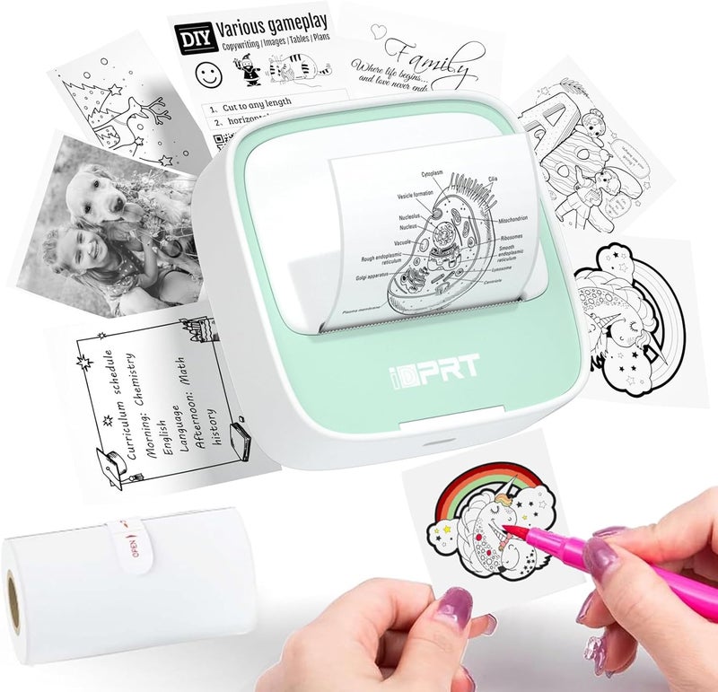iDPRT Portable Sticker Maker Machine with 1 Roll Sticker Paper, Mini Printer Efficiently and Quickly, Thermal Printer for Study Notes, Pictures, DIY, Label, Free App with Multiple Templates, Green - Image 1